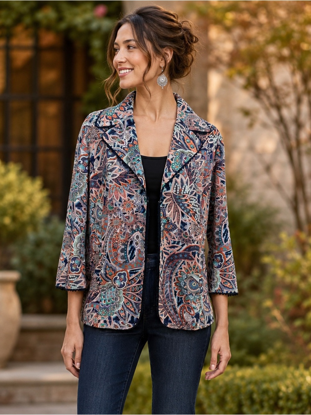 Bedford Fair Medium Paisley Blazer Jacket Stretch Cotton Boho